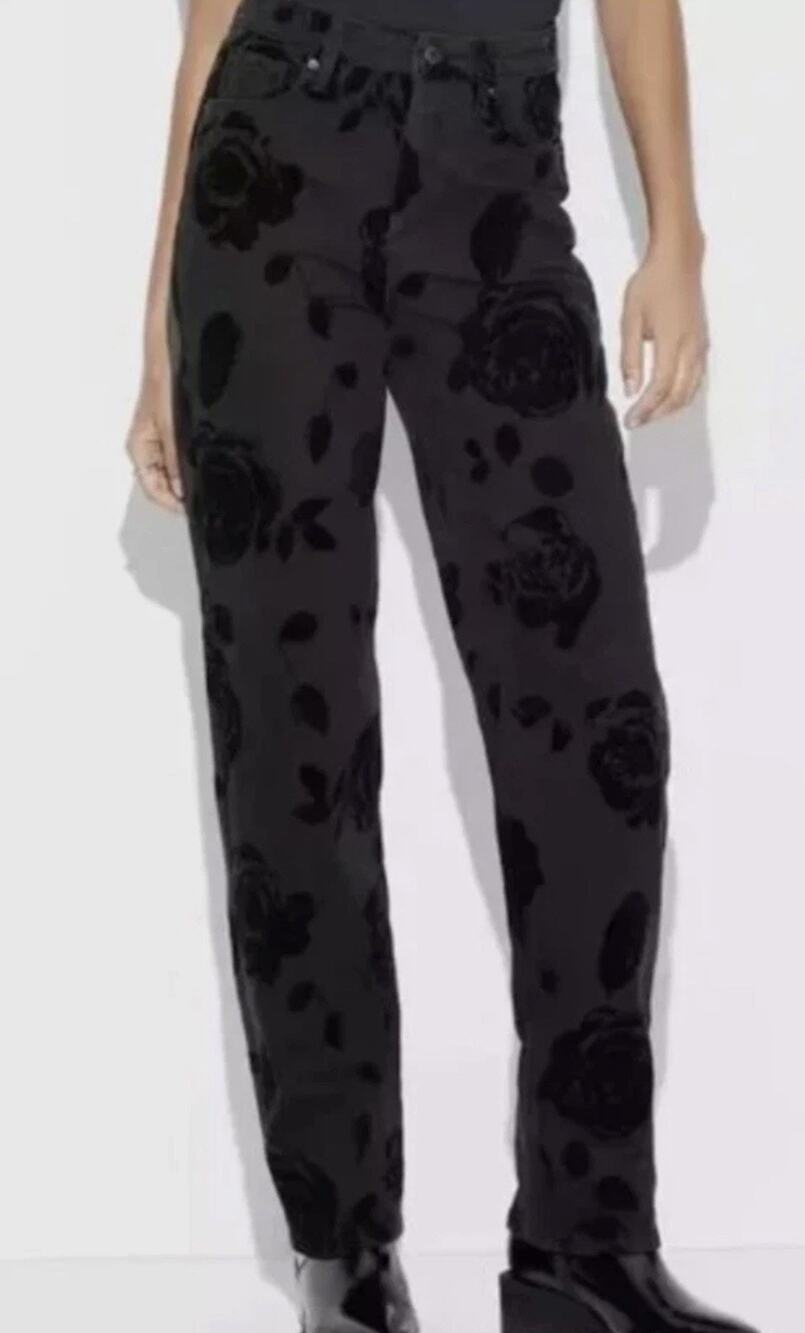 NEW Wild Fable Women's Black Floral Flocked High Rise Straight Jeans Size 6